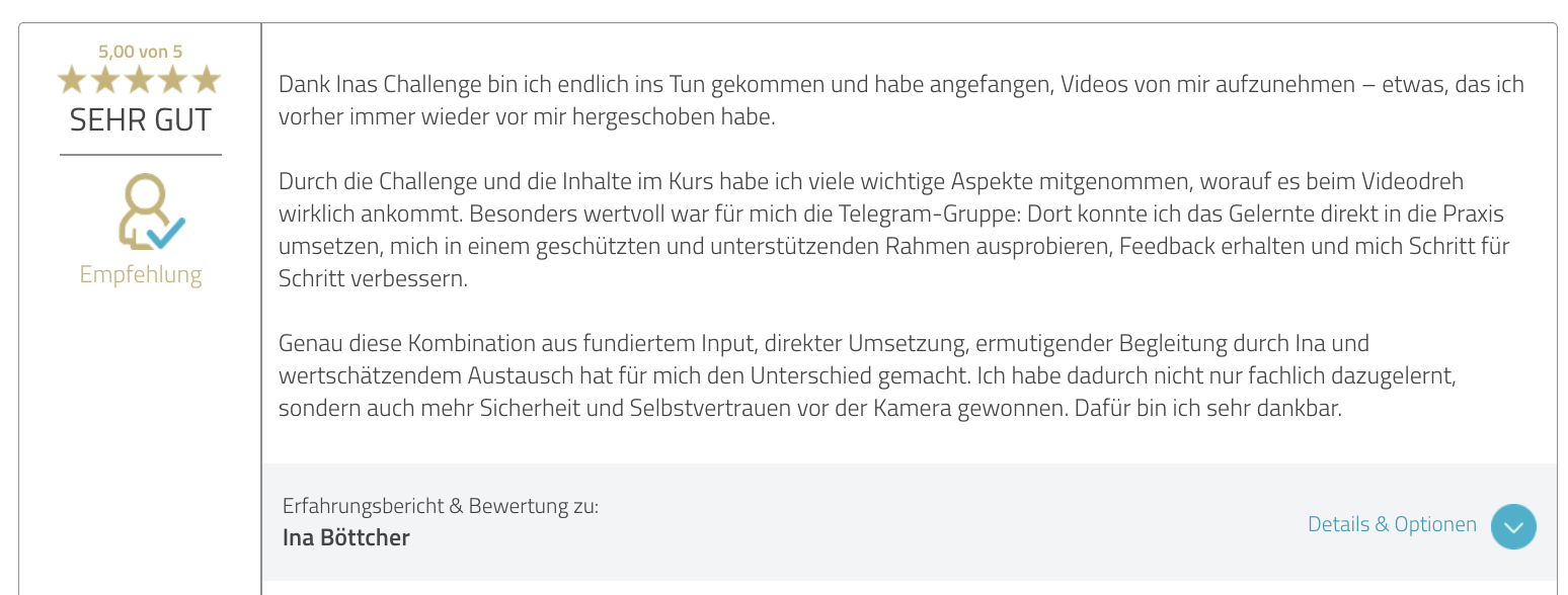 ProvenExpert-Bewertung, 5,00 von 5: Teilnehmerin über Challenge, Kursinhalte und die Telegram-Gruppe.