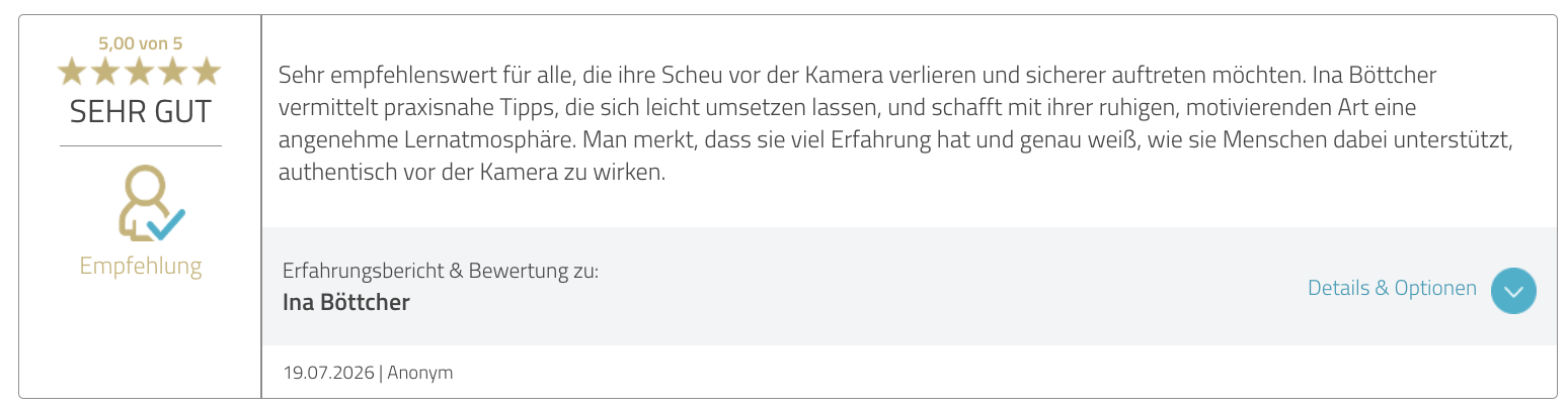 ProvenExpert-Bewertung vom 19.07.2026, 5,00 von 5: praxisnahe Tipps und angenehme Lernatmosphäre.