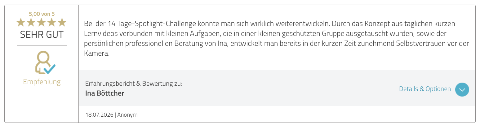 ProvenExpert-Bewertung vom 18.07.2026, 5,00 von 5: über die 14-Tage-Spotlight-Challenge.