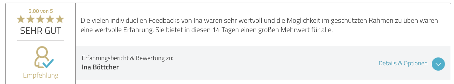 ProvenExpert-Bewertung, 5,00 von 5: individuelle Feedbacks und Üben im geschützten Rahmen.