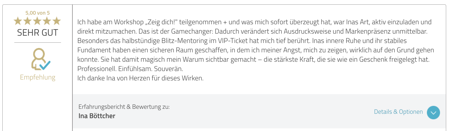 ProvenExpert-Bewertung, 5,00 von 5: Teilnehmerin über den Workshop „Zeig dich!“ und das Blitz-Mentoring im VIP-Ticket.